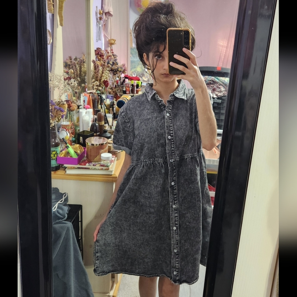 Vintage Acid Wash Black Gray Denim Button Down Collared Babydoll Mini Dress - Picture 4 of 14